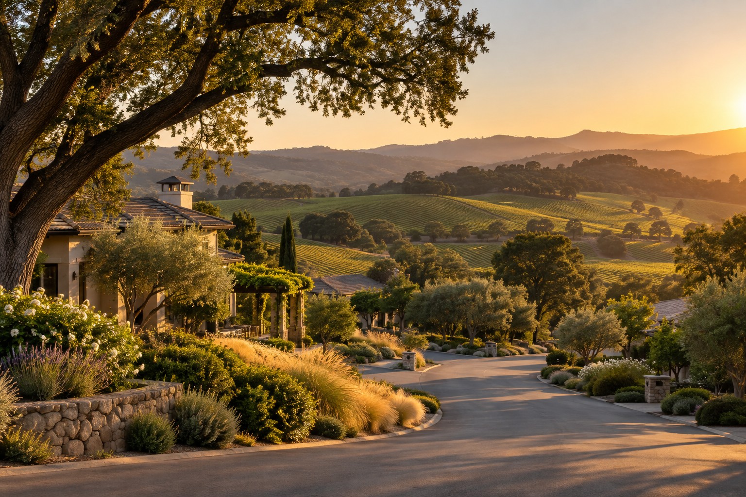 A Sonoma County wine country neighborhood at golden hour, illustrative