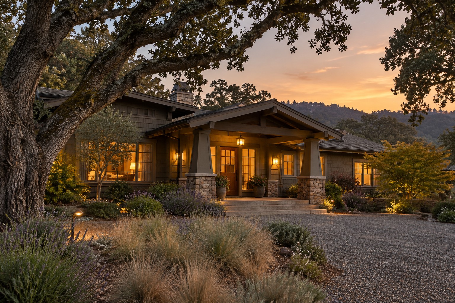 A Sonoma County home exterior at dusk, illustrative