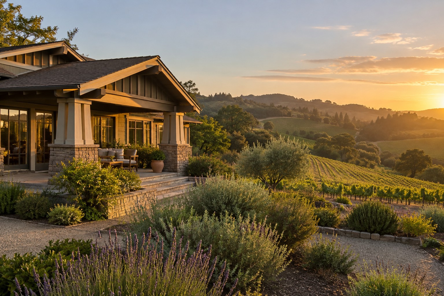 A Sonoma County home exterior at golden hour, illustrative